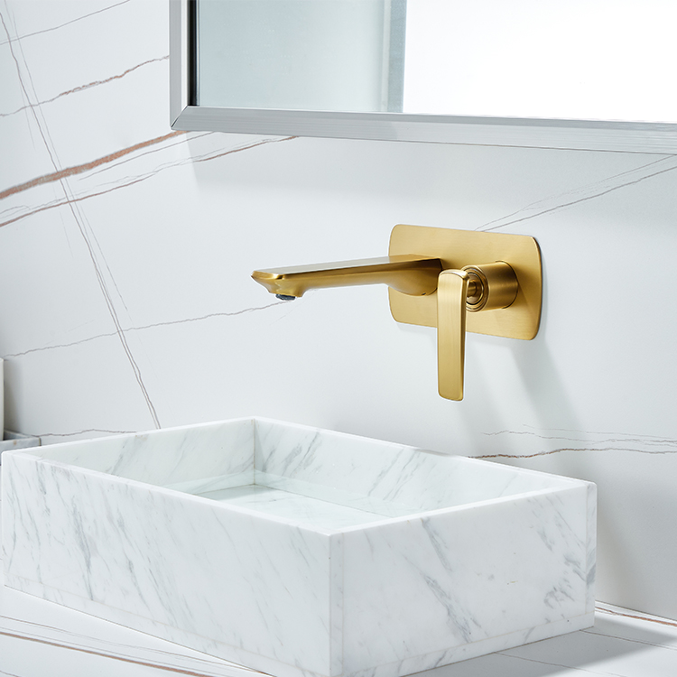 Grifo de baño montado en la pared de oro de lujo moderno, grifo mezclador de lavado oculto de agua caliente y fría de un solo mango