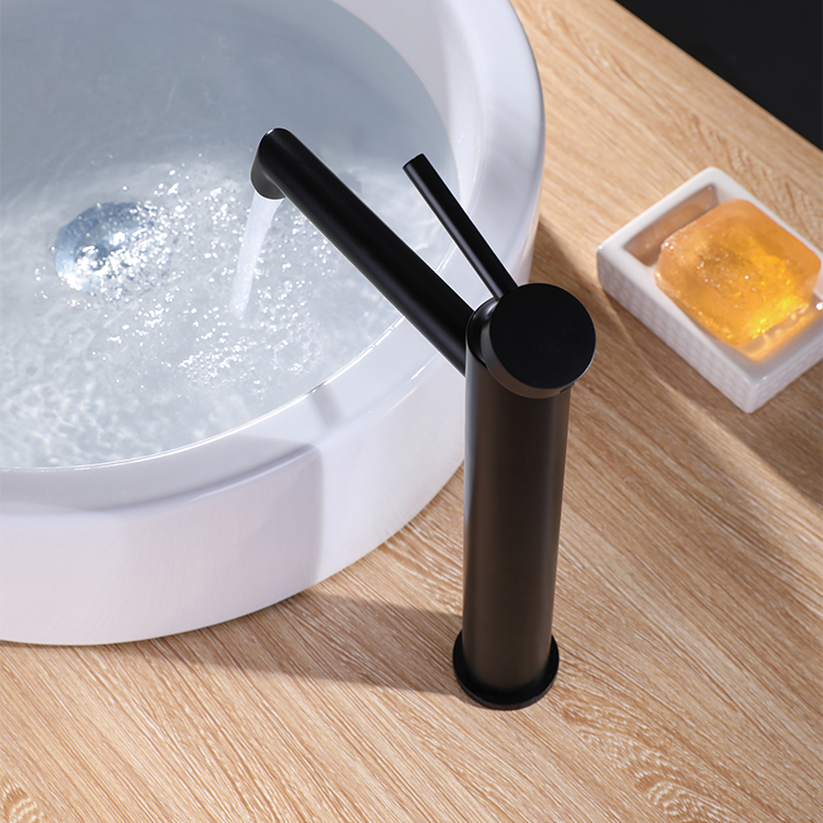 Grifo de baño negro de cobre con marca de agua, grifo monomando redondo de un solo mango, grifo mezclador de lavabo de latón para baño