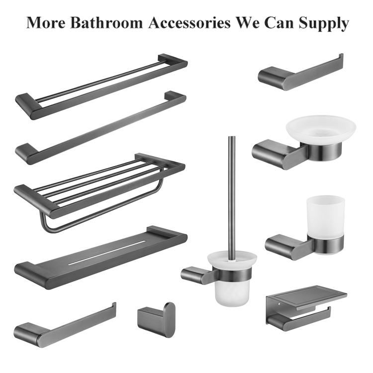 Accesorios de baño modernos, soporte para estante de toalla negro con pistola, estante de toalla montado en la pared de acero inoxidable