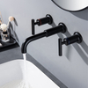 Grifo de lavabo de baño de doble manija montado en la pared de agua fría y caliente de latón, mezclador de lavabo de 3 agujeros oculto negro