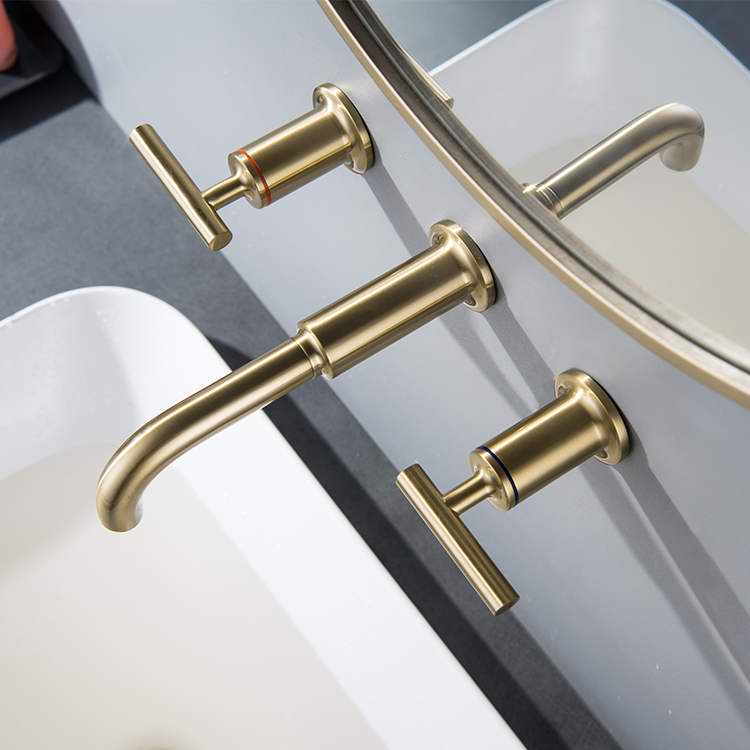 Grifo monomando para lavabo de baño, estilo europeo, dorado cepillado, con 3 orificios, doble manija, 8 pulgadas
