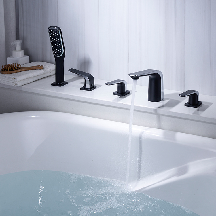 Nuevo diseño de baño, 5 agujeros, montado en cubierta, grifo de bañera de tres manijas, juego de mezclador de baño de ducha