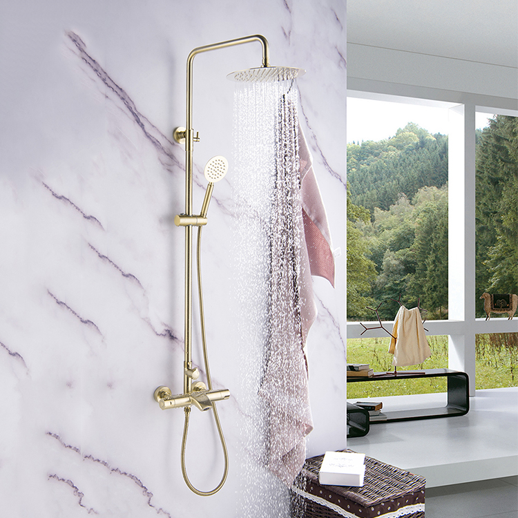 Juego de grifo de ducha termostático de baño de lluvia de agua fría y caliente montado en la pared de oro cepillado de lujo