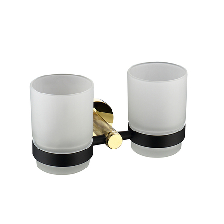 Accesorios de baño modernos de alta calidad, soporte doble para vasos montado en la pared en negro y dorado, soporte doble para vasos