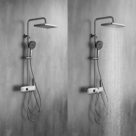 Juego de grifería de ducha de baño de lluvia gris con pistola de cobre de 4 funciones Juego de ducha termostática de nuevo diseño