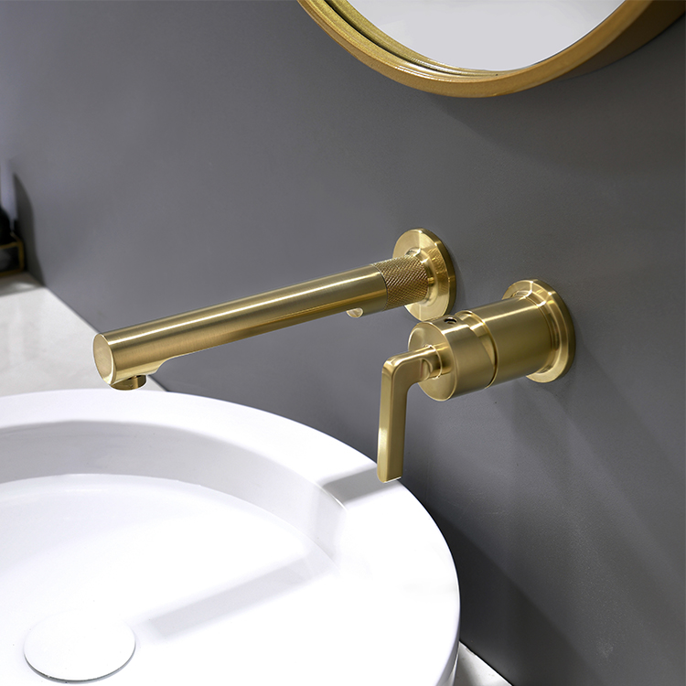 Grifo mezclador de lavabo montado en la pared de 2 orificios de una sola manija de oro cepillado de cobre de lujo Grifo de baño